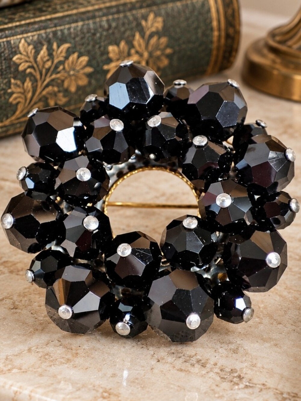Jet Black Faceted Round Beaded Mourning Gold Tone Vintage Glass Crystal Brooch